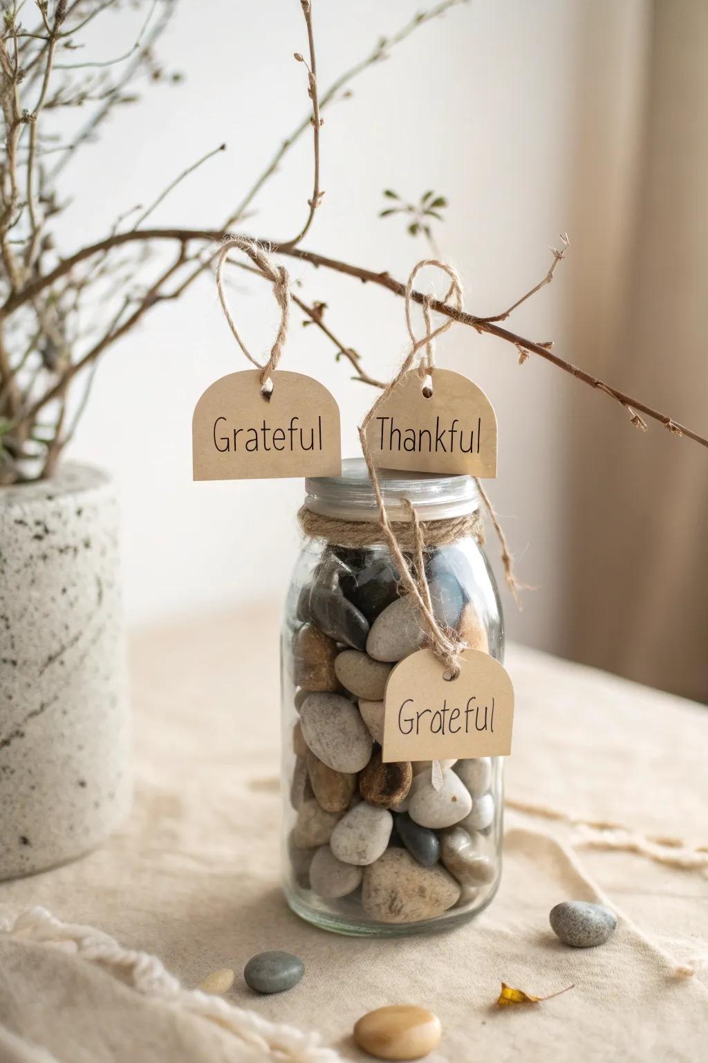 Embrace gratitude with rustic elegance: a mason jar filled with stones and adorned with gratitude branches.