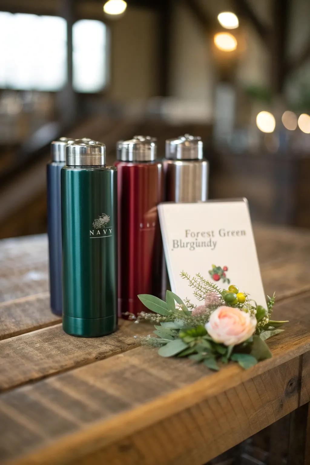 Personalize your groomsmen gifts with stylish color-coded flasks that reflect their unique personalities.