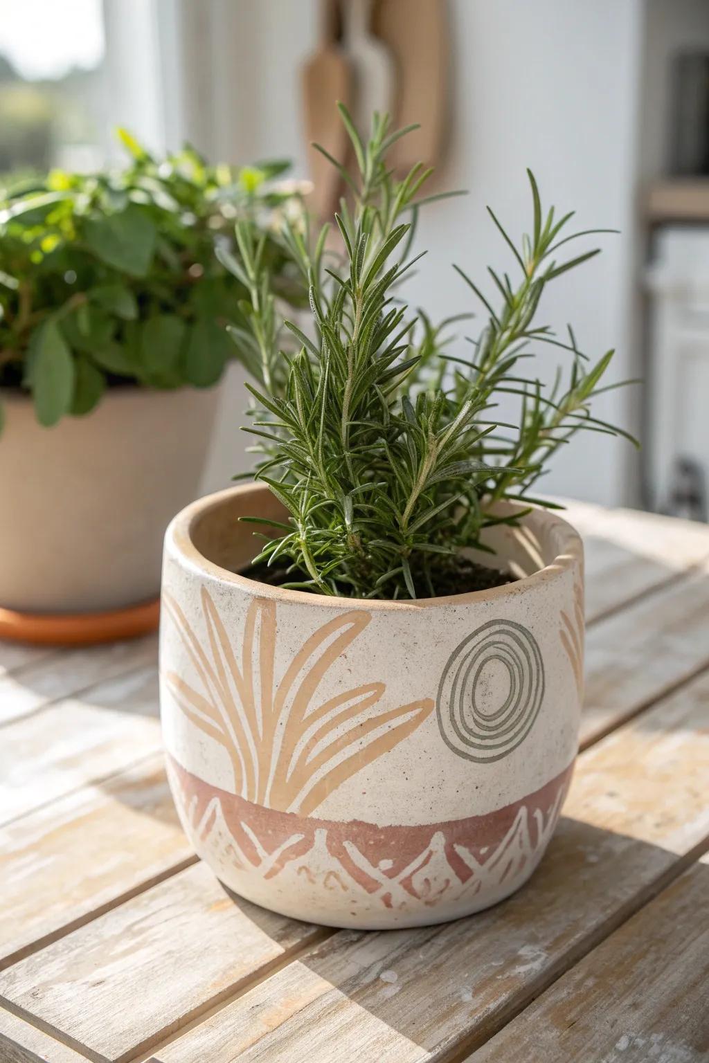Embrace artistry and the natural realm through hand-painted receptacles that elevate your rosemary botanicals to unprecedented aesthetic altitudes.