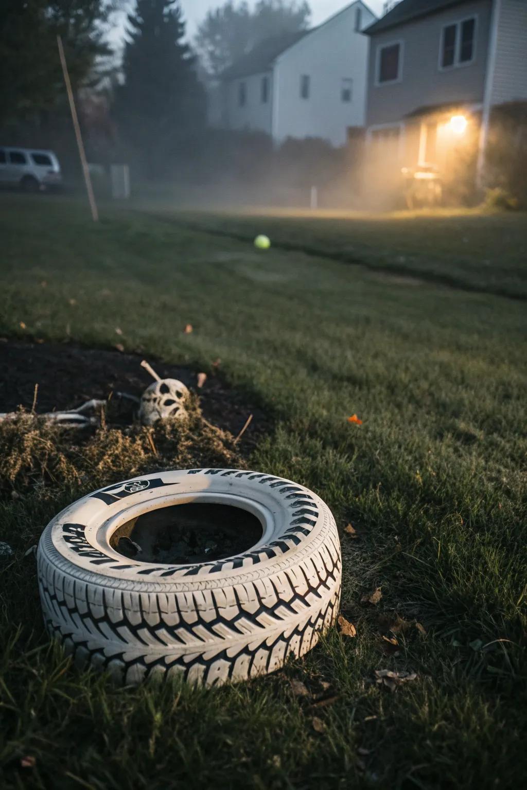 Transform your yard using spine-tingling skeletal tire ornamentation this Halloween.