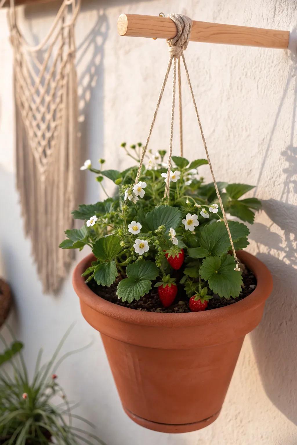 Enhance your garden with the enduring charm of a suspended earthenware pot, ideal for thriving strawberries.