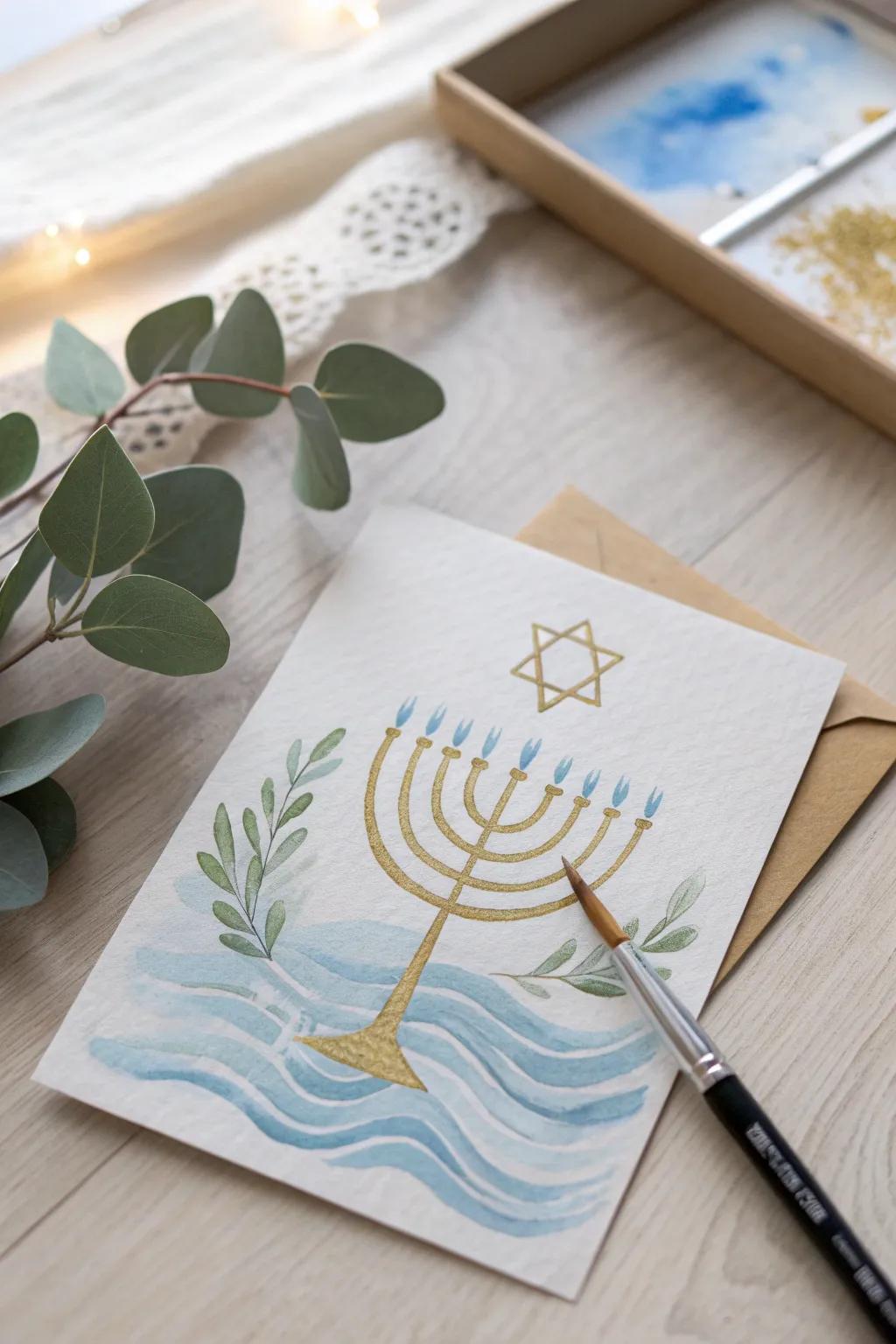 Craft your own serene Hanukkah greetings with watercolor magic, blending simplicity with elegance.