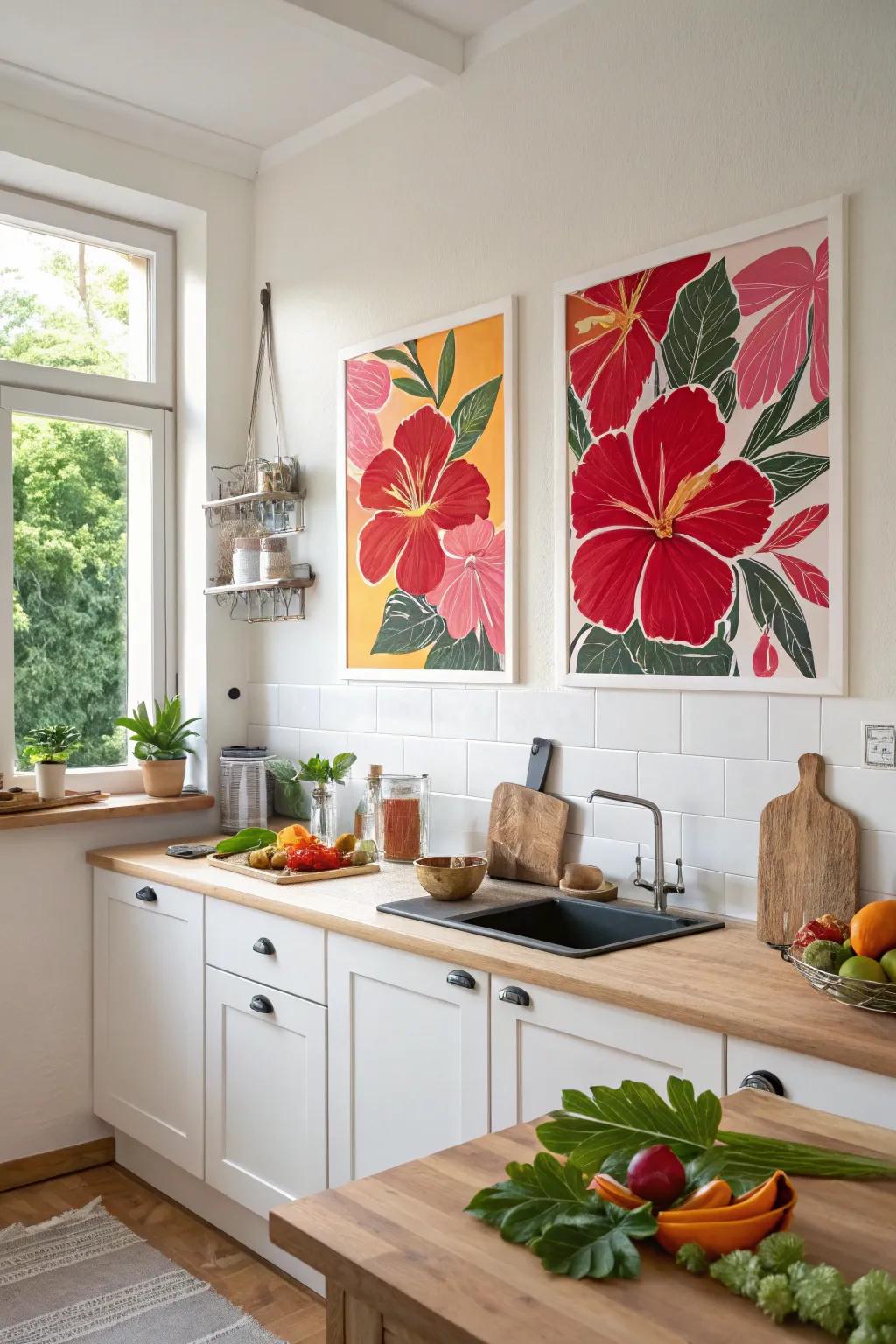 Roselle bloom art adds a pop of hue and joy.