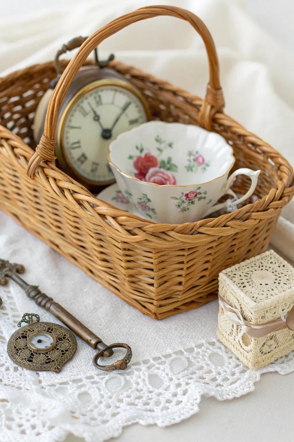 Embrace nostalgia with a Vintage Finds Basket - an enchanting collection of timeless treasures.