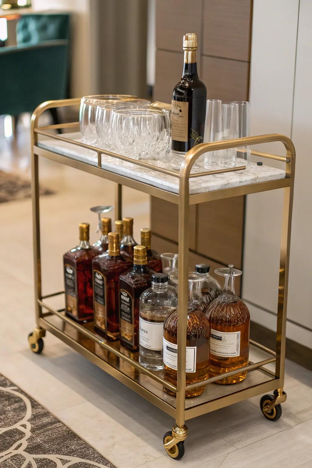 A movable bar trolley provides flexibility for hosting.