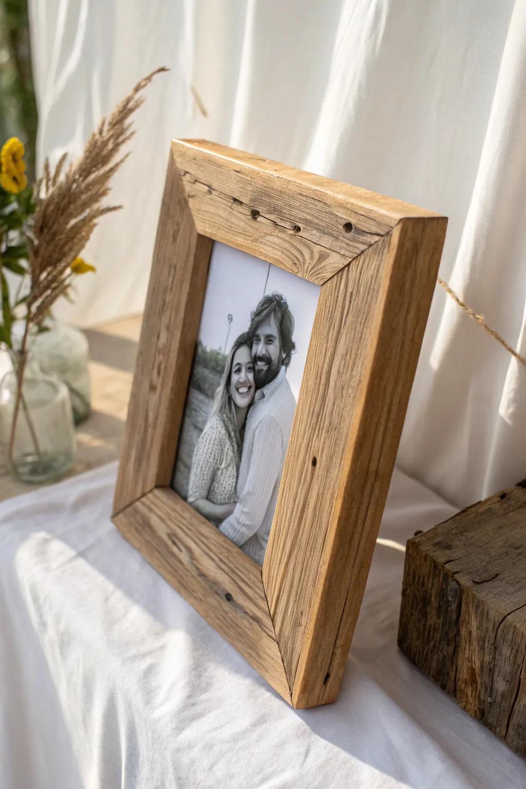Immortalize your cherished memories using a handcrafted touch. This rustic timber surround infuses warmth and a personal sentiment into your special moments.