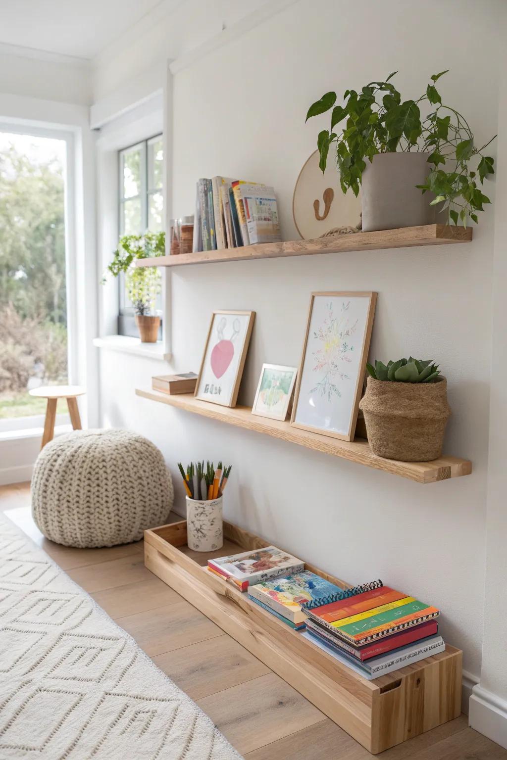 Transform your child's art area with elegant shelf ledges that merge flair and functionality.