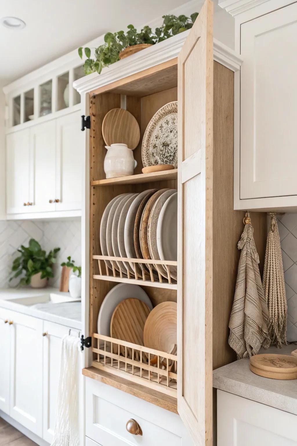 Elevate your kitchen's elegance with a stylish plate rack for easy access and charming display.
