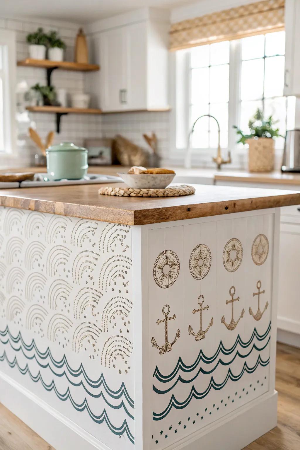 Transform your kitchen island into a nautical masterpiece with sophisticated stencils, creating a coastal-inspired focal point that captures the essence of #KitchenInspiration and #ScandiBohoStyle.