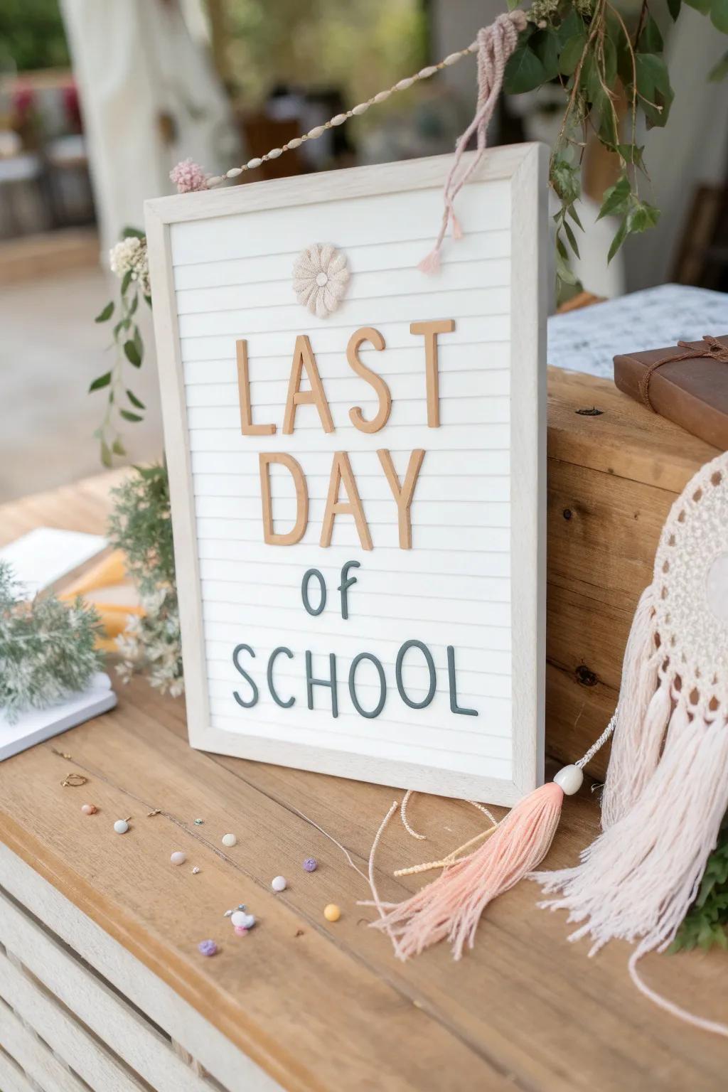 Discover the magic of hidden surprises with this beautifully crafted 'Last Day of School' sign, where minimalist design meets playful interaction.