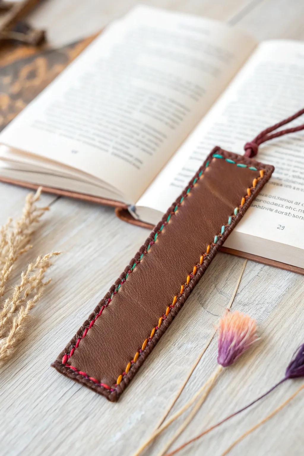 Incorporate a touch of cozy craftsmanship to your reading with this beautifully stitched leather bookmark.