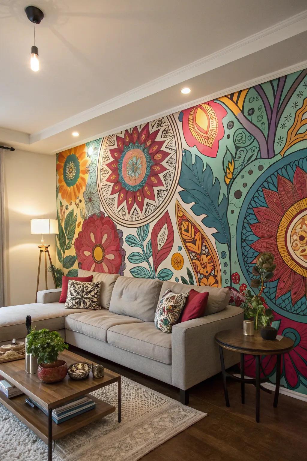 A painted wallscape introduces a dynamic and personalized impression.