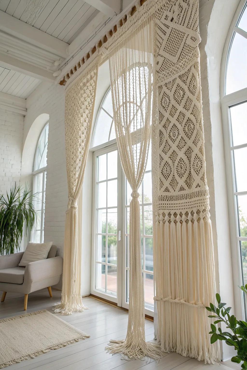 Elevate your high-ceiling space with a stunning macrame window covering that blends Scandinavian simplicity with Boho charm.