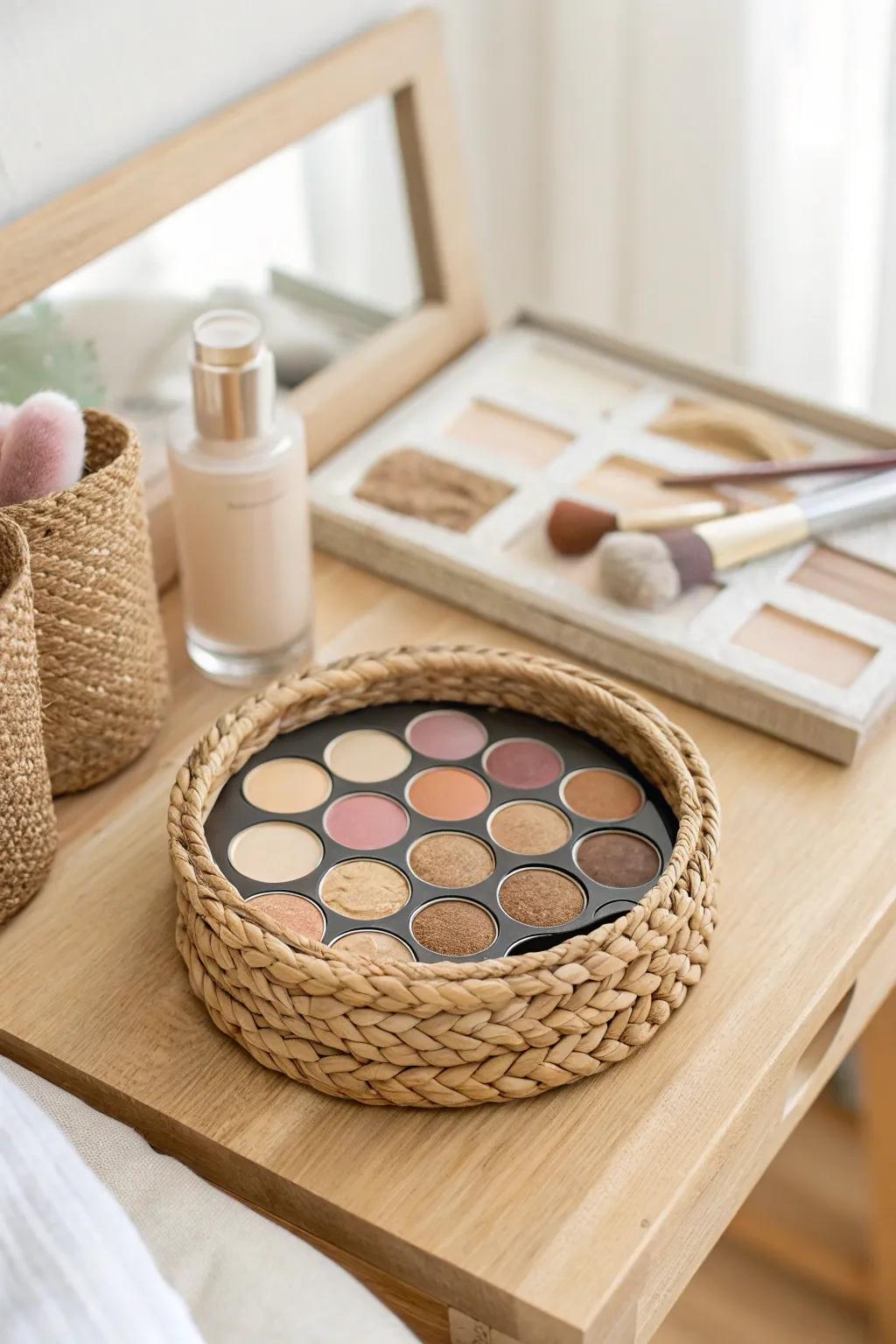 Embrace rustic allure via braided baskets to stylishly orchestrate your cosmetic palettes.