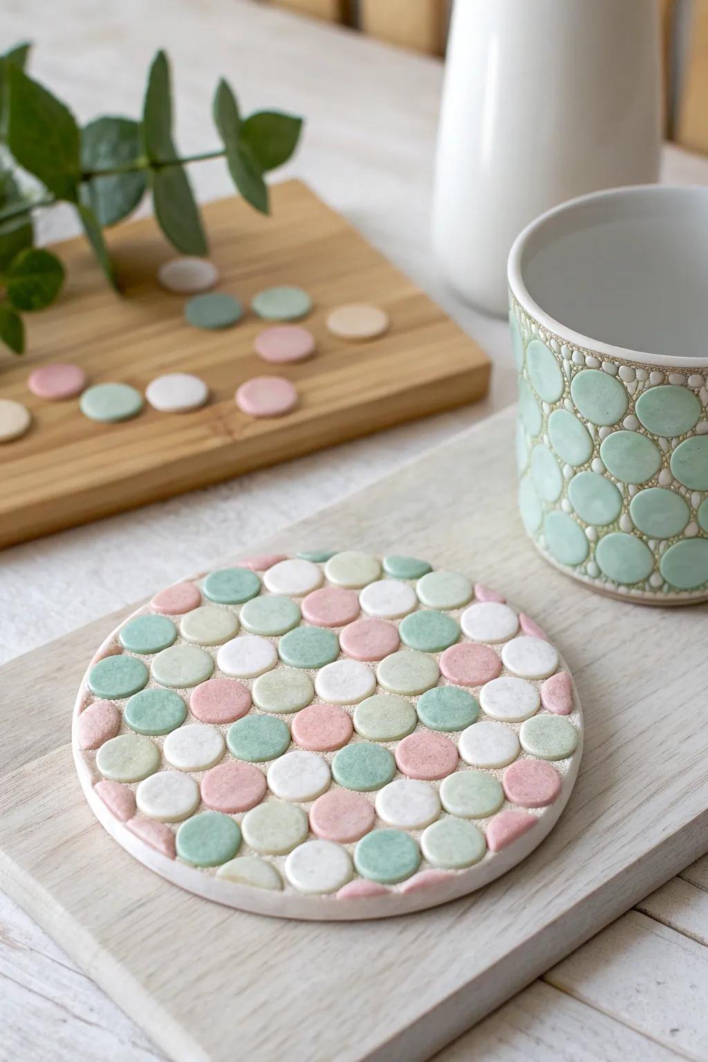 Infuse a whisper of playful elegance into your décor with this captivating circular motif mosaic coaster.