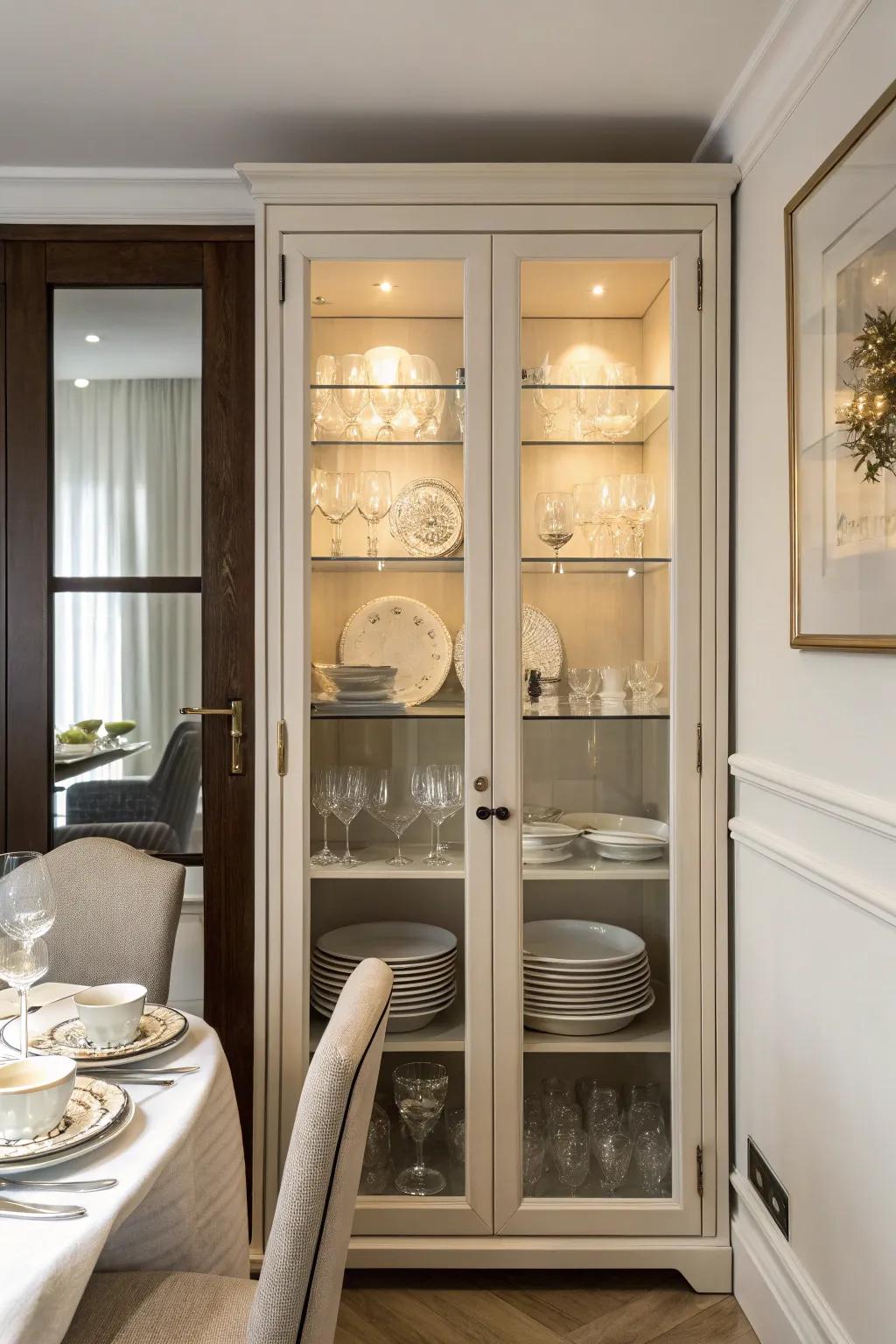 Glass-fronted cupboards afford stylish presentation and protection.