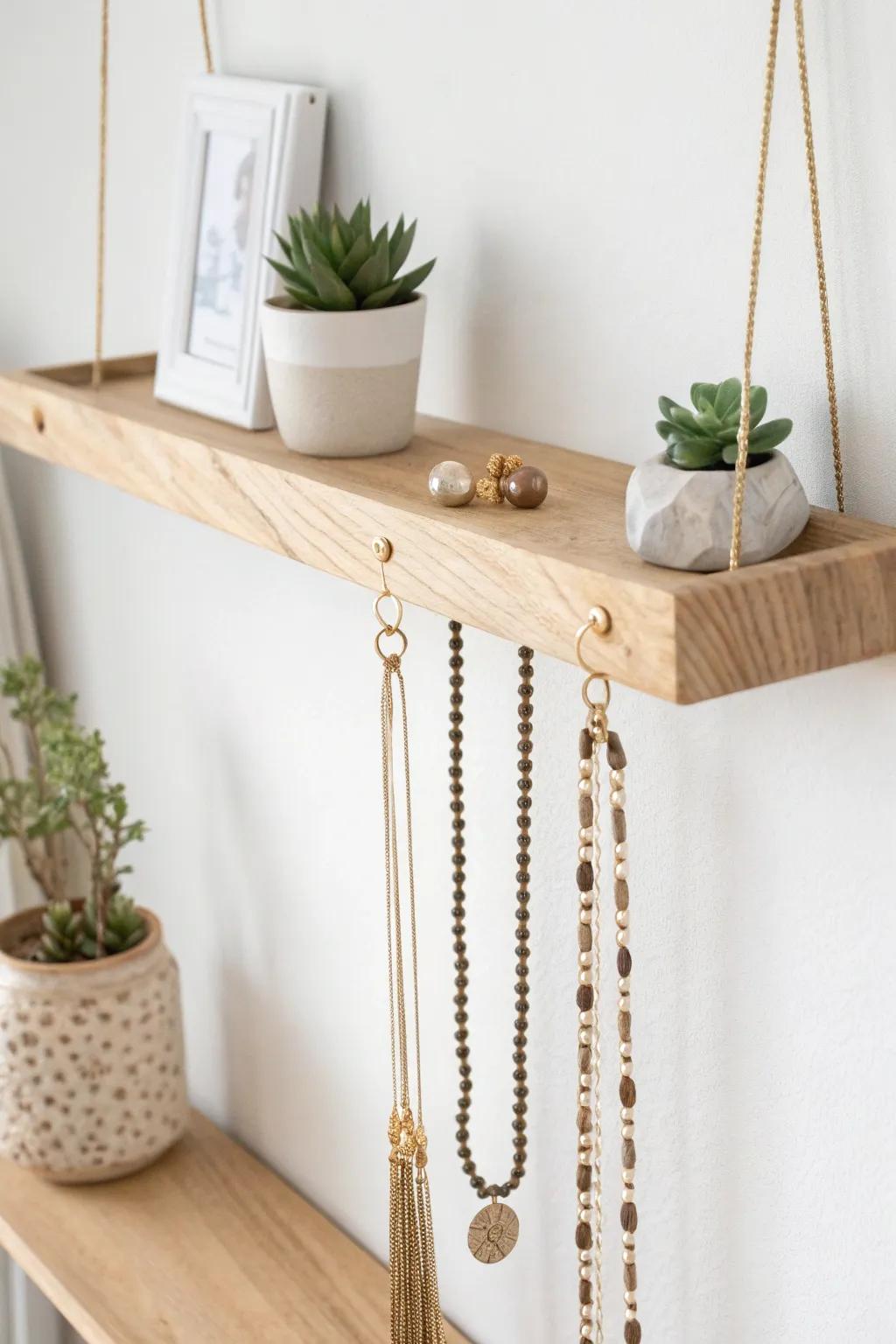 Elevate your jewelry storage with chic floating shelves and elegant clasps—where arrangement converges with minimalist beauty.