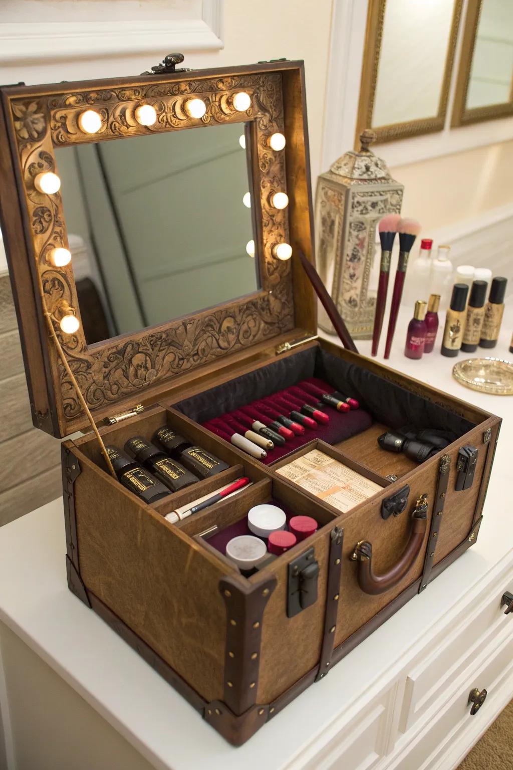 Transform rustic charm into timeless elegance with this chic vanity trunk idea.
