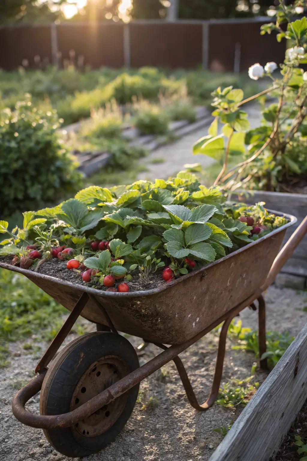 Transform a classic wheelbarrow into a thriving strawberry haven!