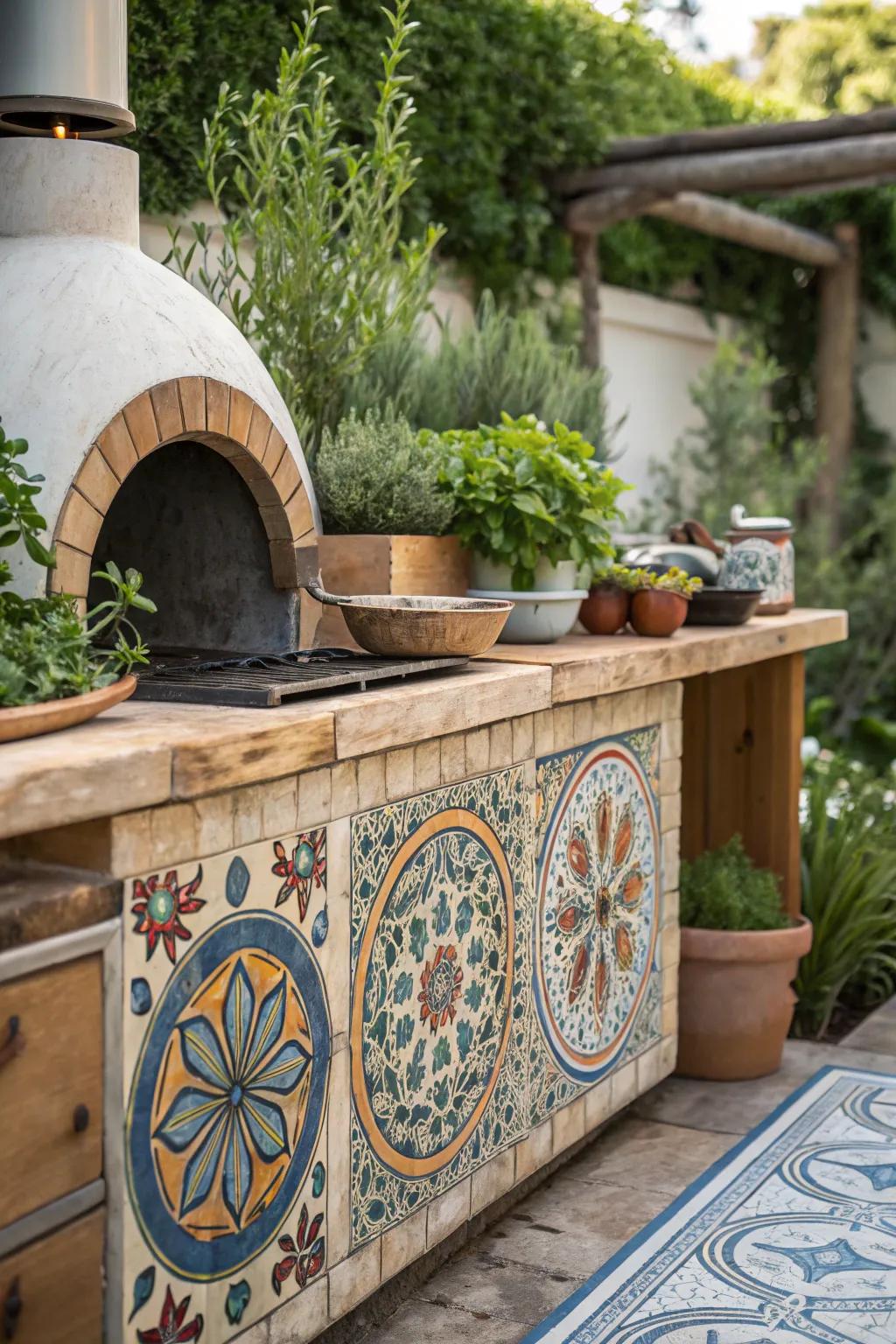 Transform your outdoor cooking space with Moroccan tiles and lush greenery for a customized touch of charm and color.