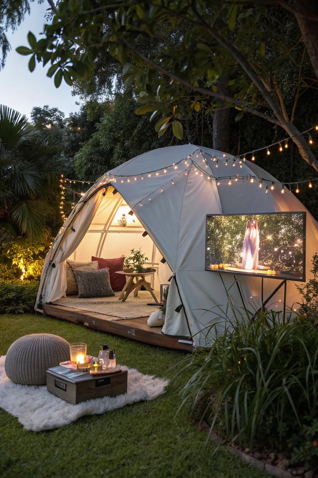 Transform your backyard into a cinematic escape with this comfortable shelter and projector setup.