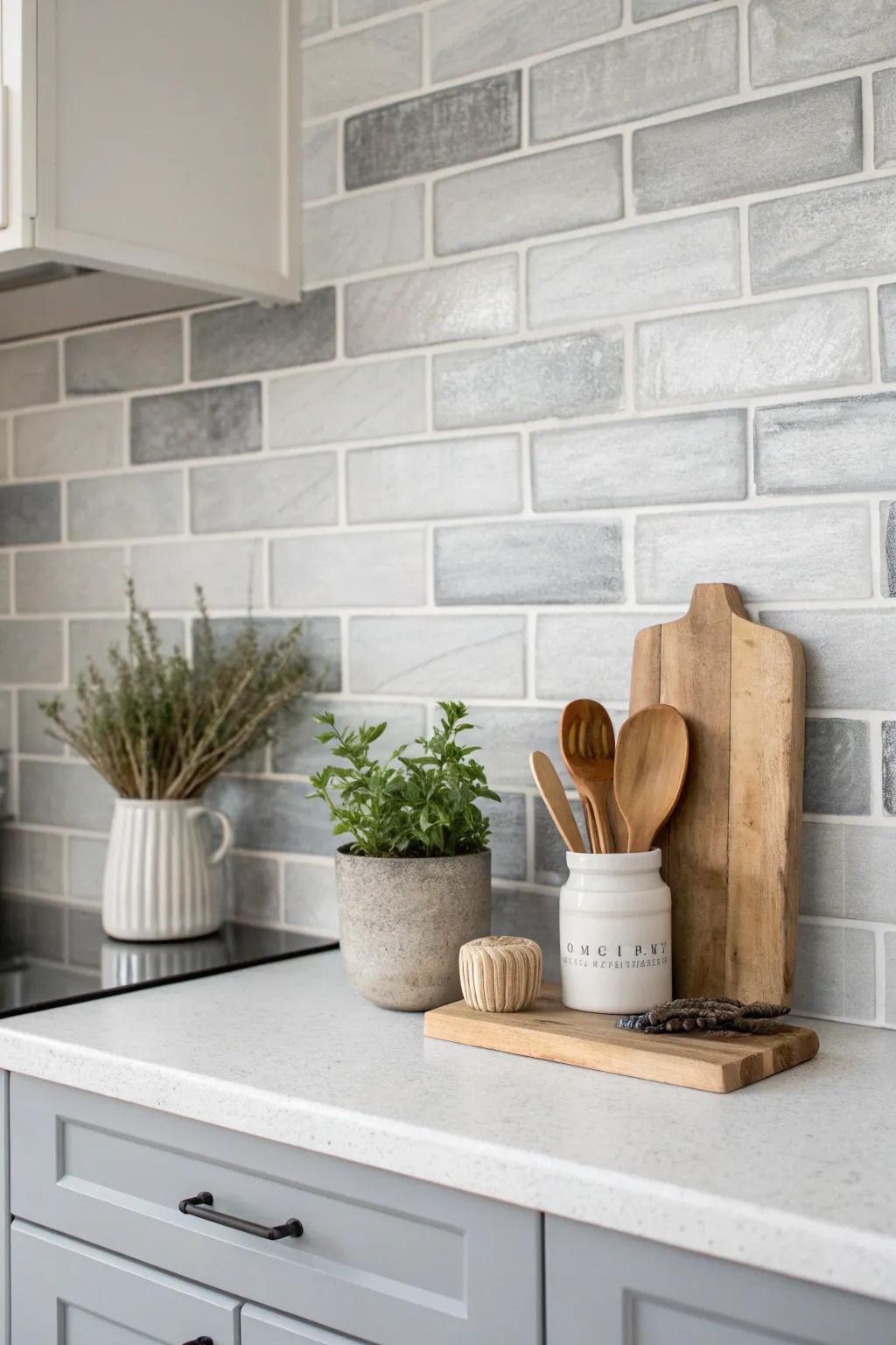 Embrace the elegance of uniform chromatic magic in your culinary space via subdued gradations of gray, intertwining Scandinavian minimalism with bohemian allure.