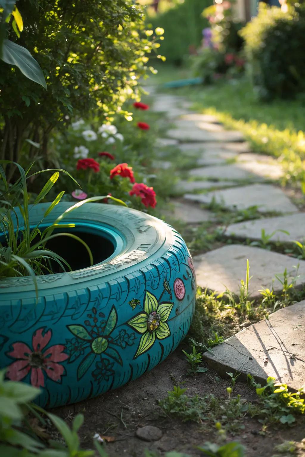 Transform your garden with vibrant painted tire stepping stones – a creative and sustainable pathway idea!