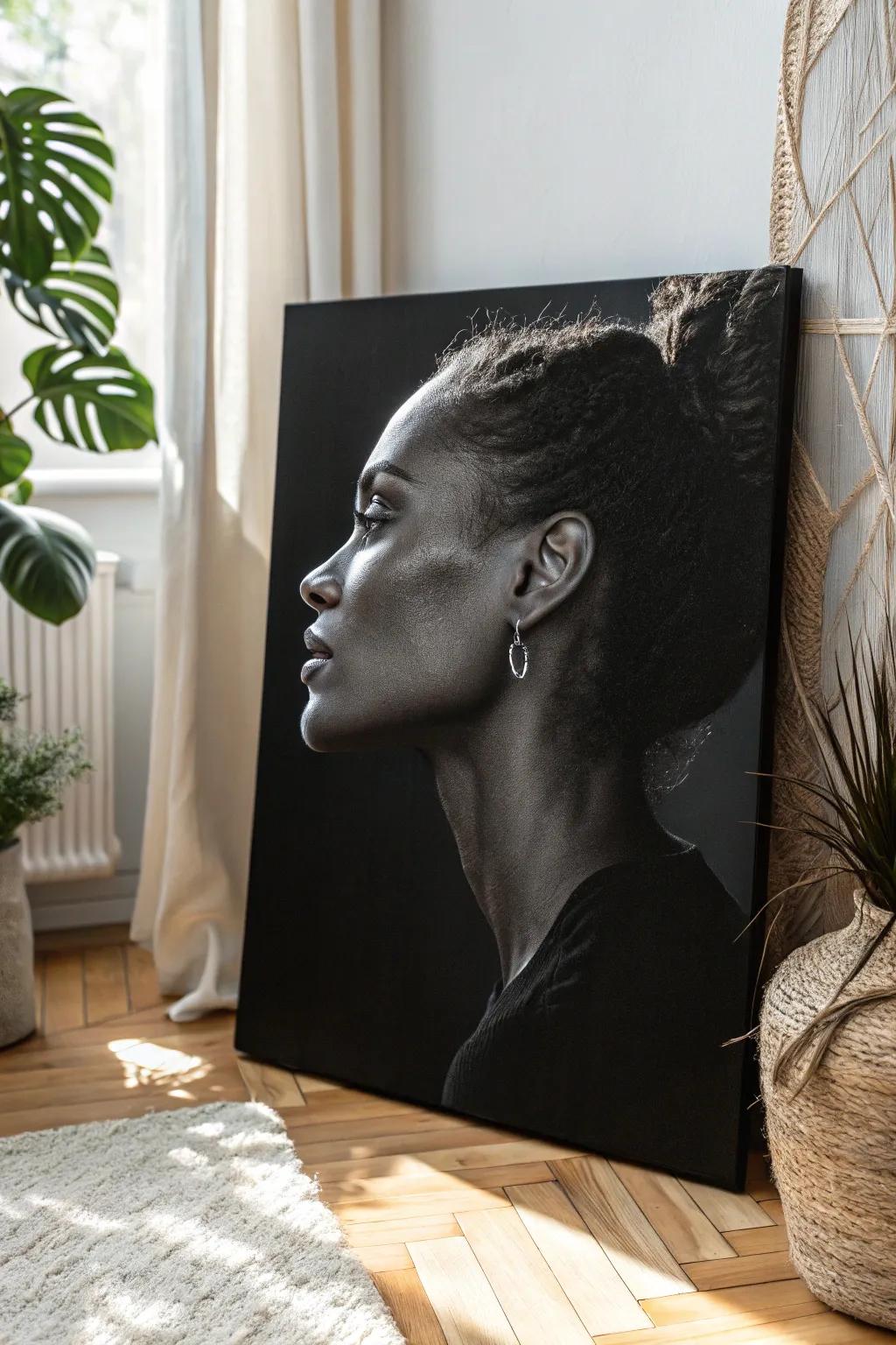 Uncover the elegance of disparity through minimalist black canvas likenesses.