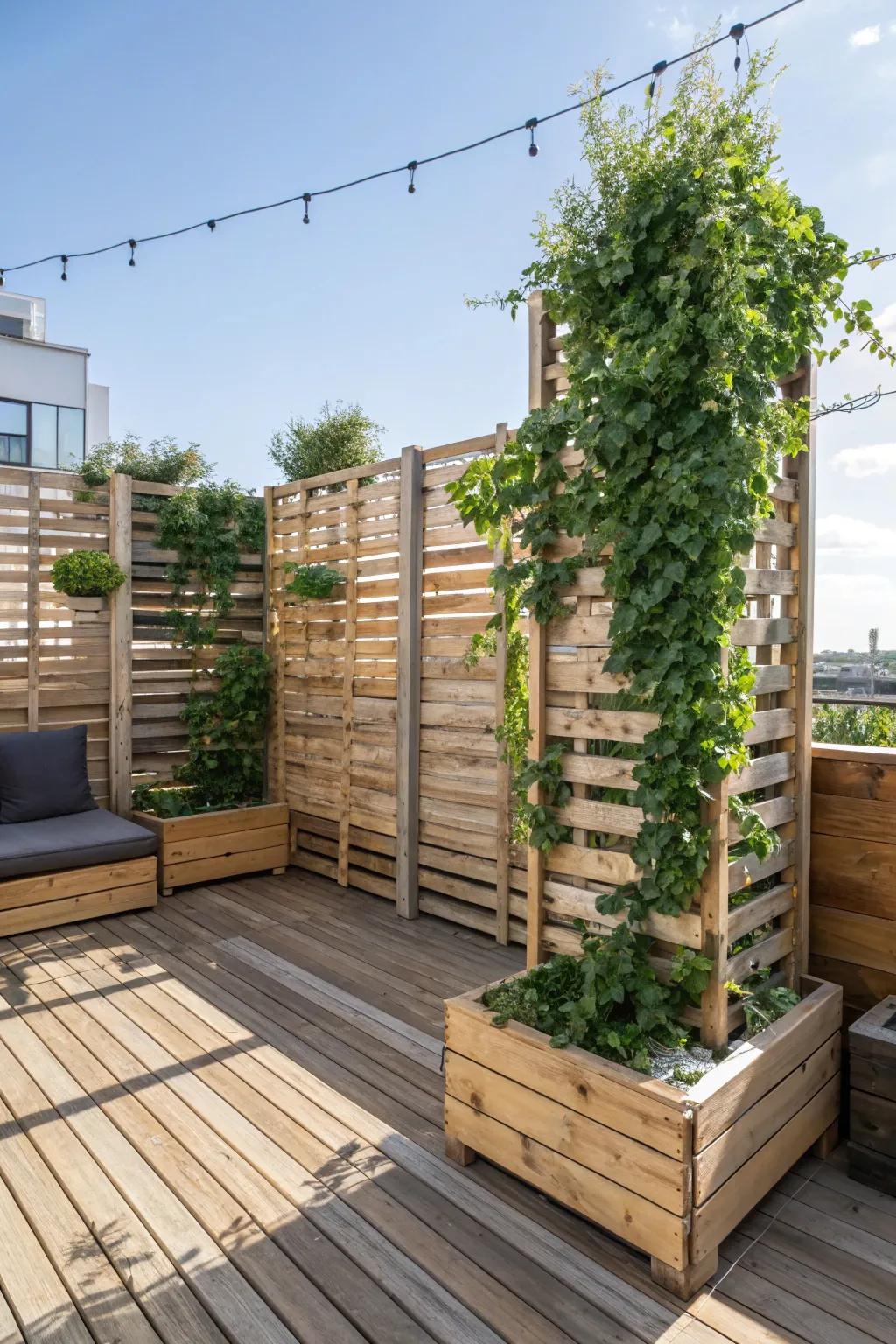 Transmute your terrace into a serene sanctuary through custom platform seclusion panels. #OutdoorLiving #PalletDeck