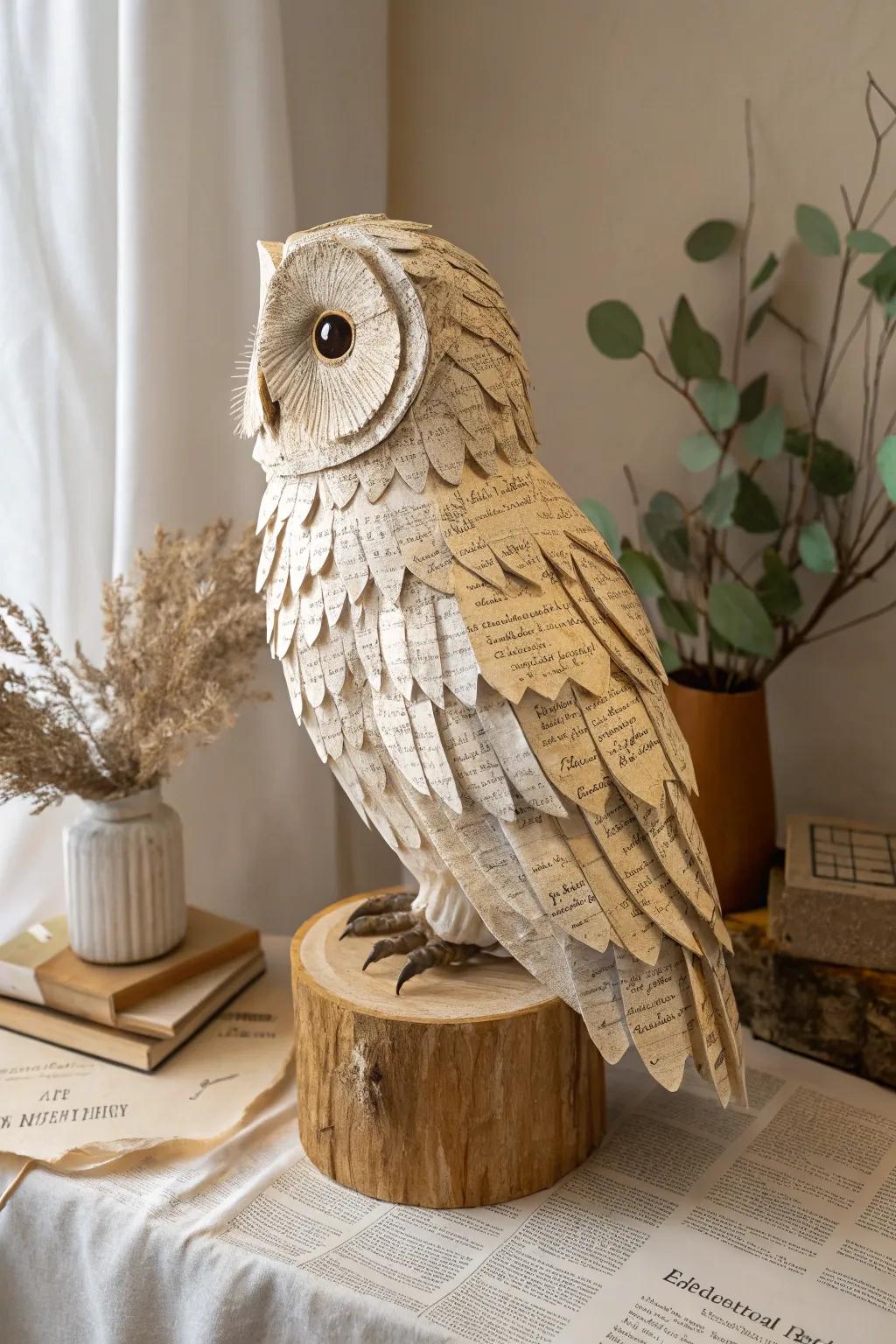 Permit your ingenuity to soar with this whimsical paper mache owl, a magnum opus of simplicity and natural pulchritude.