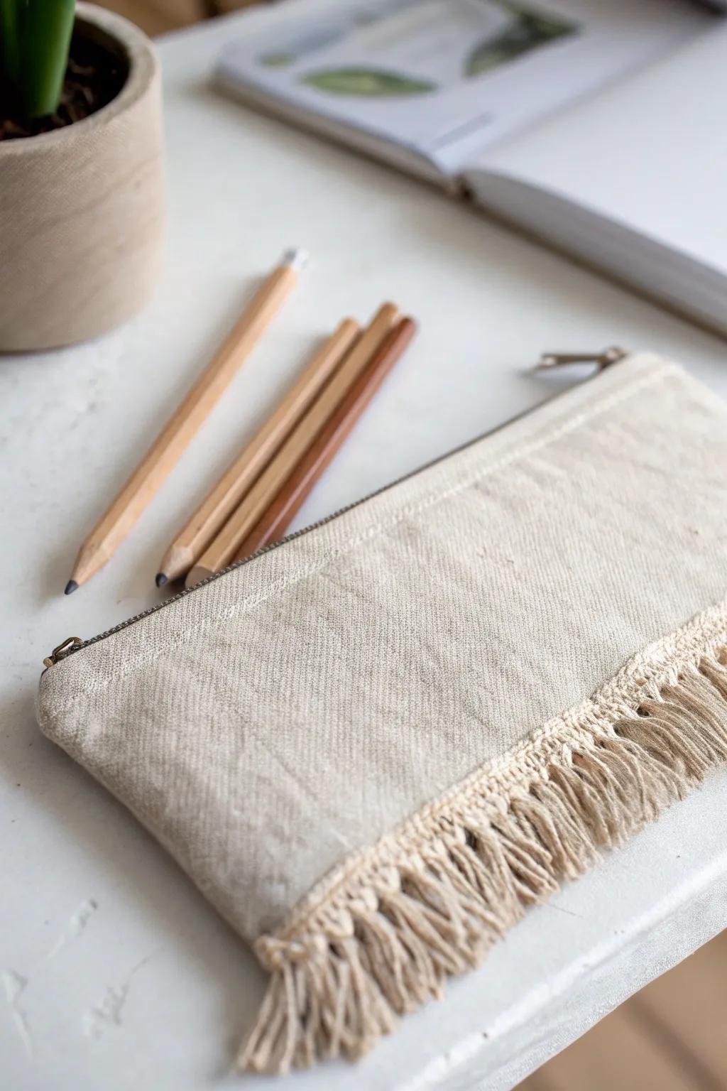 Infuse a soupçon of boho elegance into your stationery assortment through this fringed pencil holder.