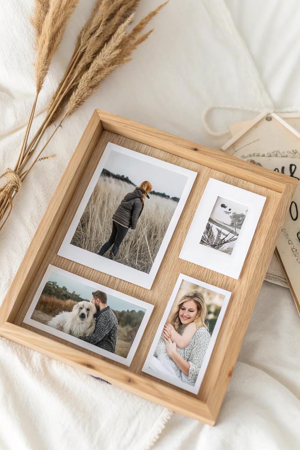 Capture enduring memories alongside your furry companion within a minimalist shadow box image collage.