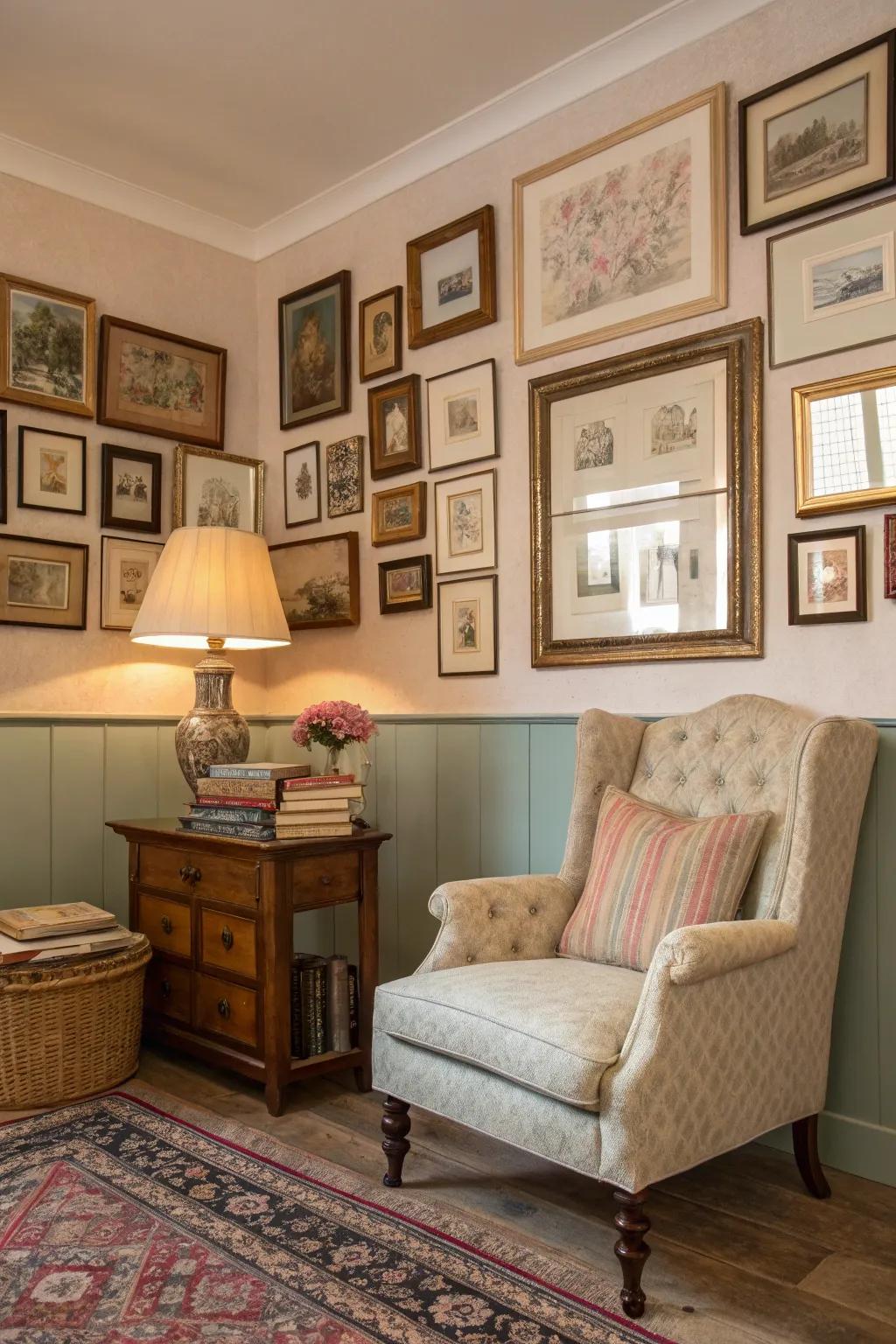 Vintage frames evoke charm and nostalgia in the gallery wall.
