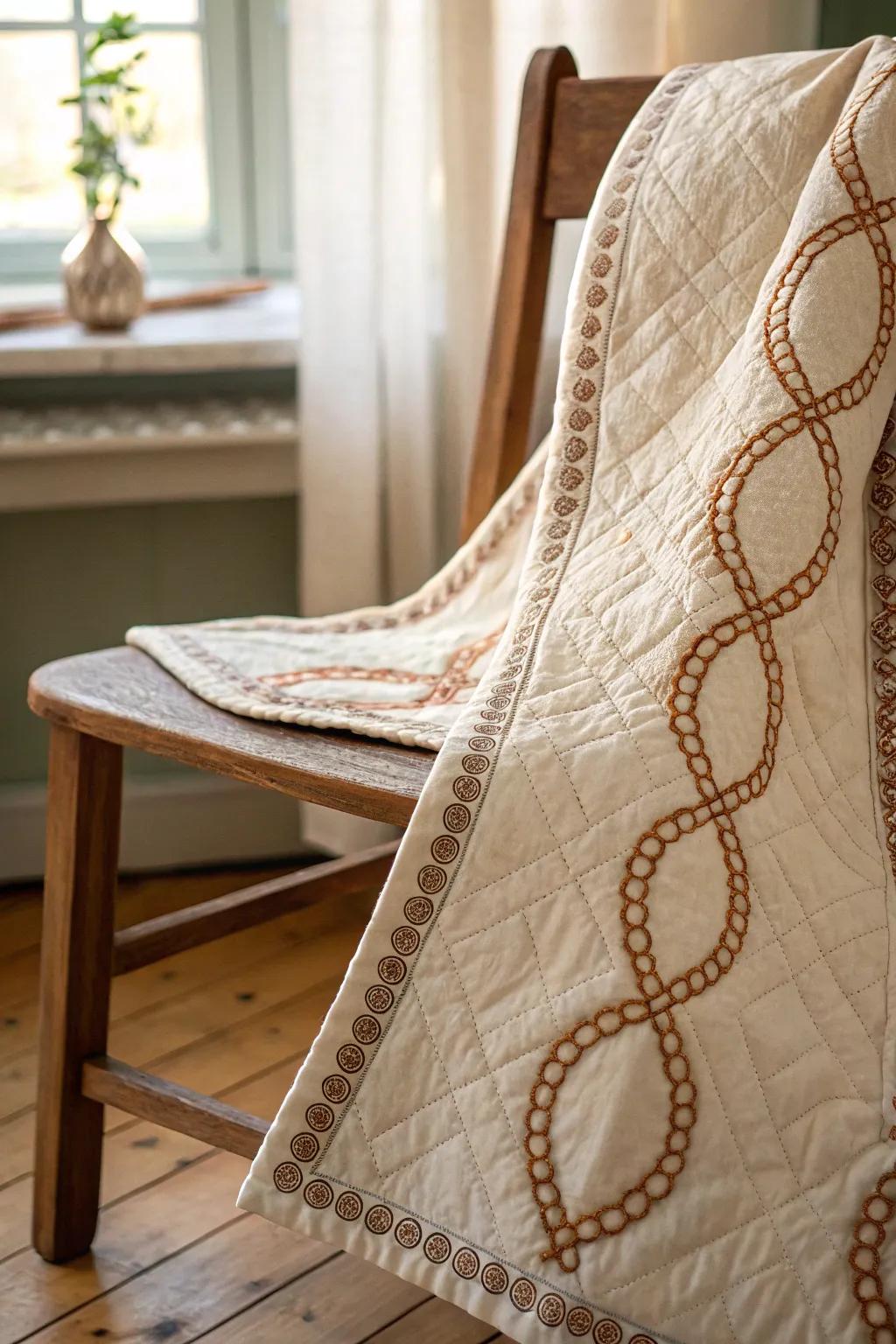 Embrace the stream of artistry utilizing a chain design quilt border, where clarity meets grace.