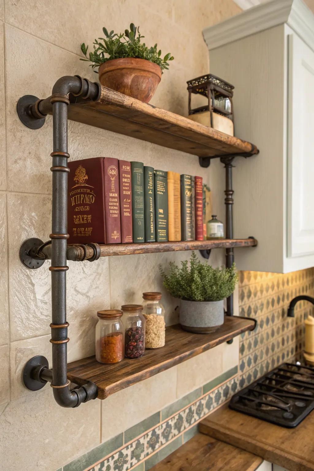 Amplify your kitchen’s charm with classic-inspired pipe shelving that blends aesthetics and function effortlessly.