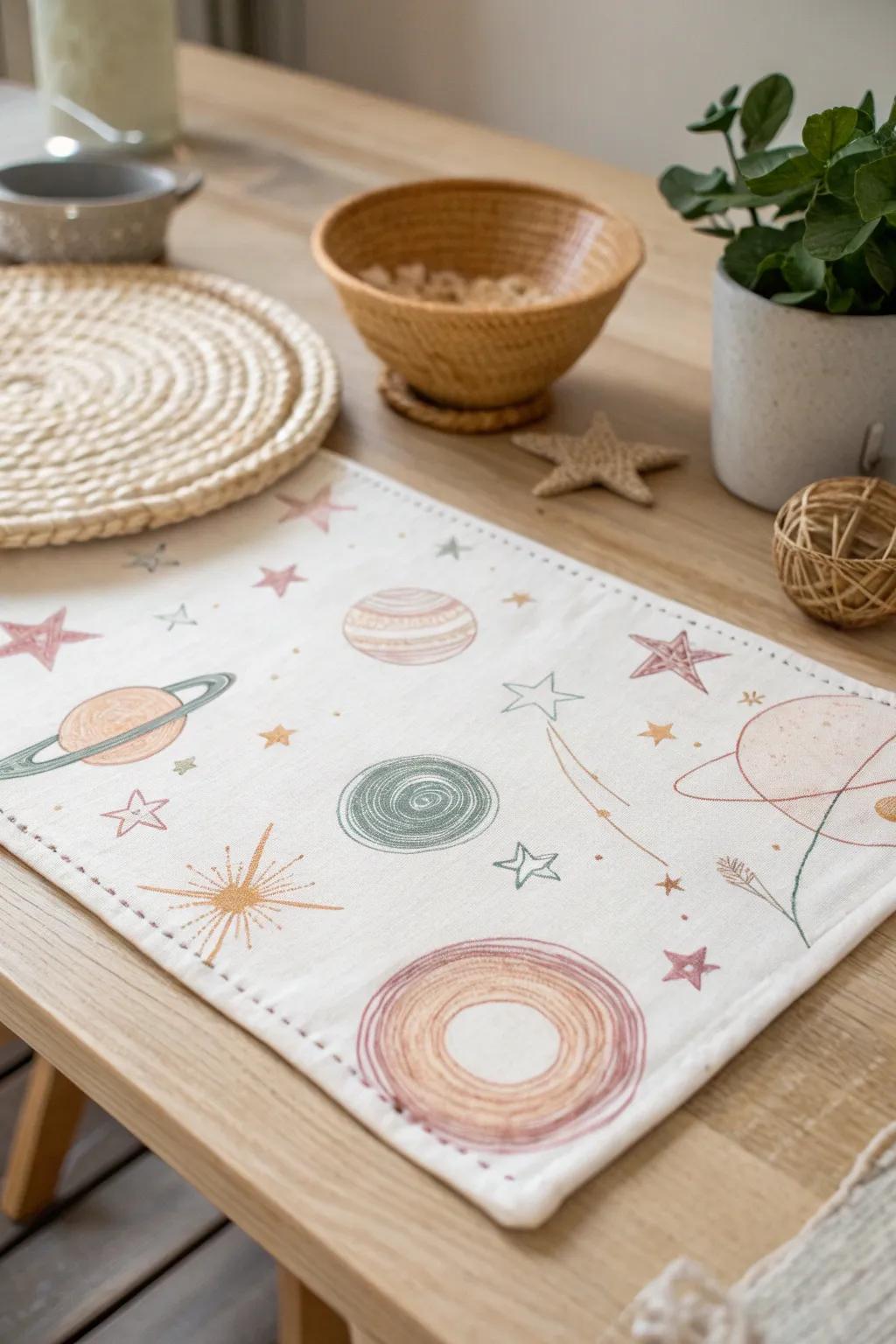 Propel diminutive imaginations through this dreamy cosmic-themed tablemat!