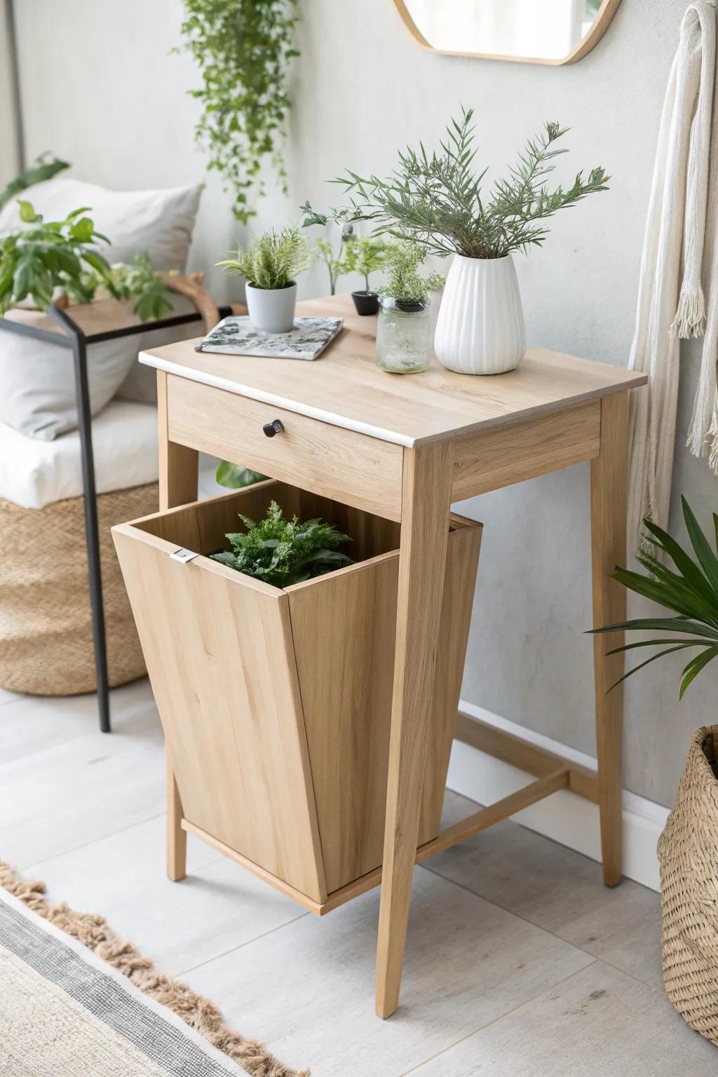 Tidy and Functional: Discover the elegance of hidden trash solutions in minimalist planting tables.