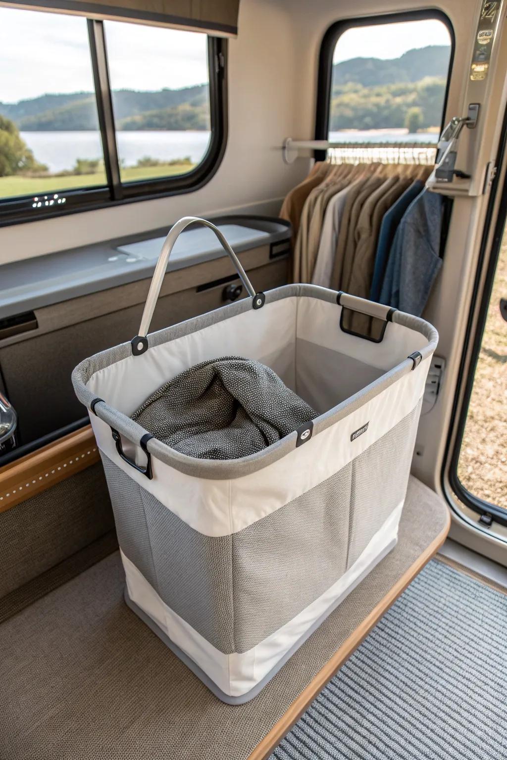 With a space-saving collapsible laundry basket, enhance your camper experience. #CamperLife #SpaceSaving