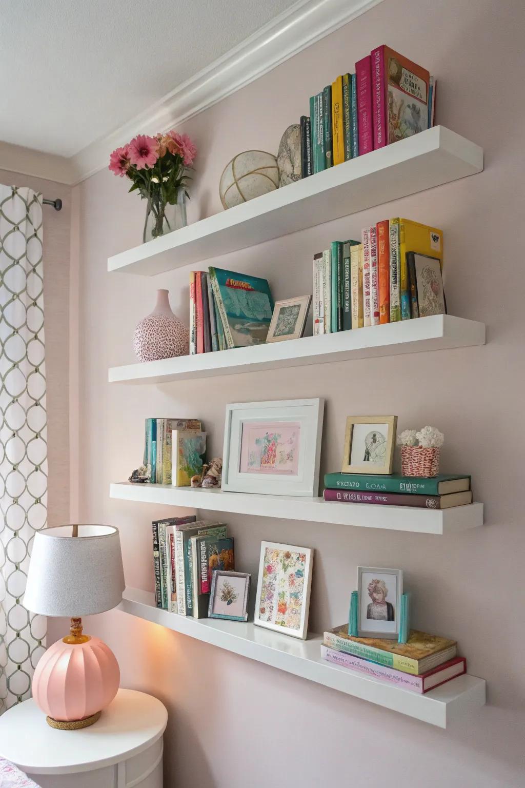 Suspended shelves for showcasing treasures and books.