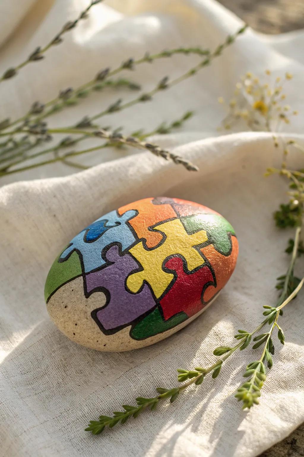 Unlock your creativity with a rainbow puzzle piece rock, where art and nature beautifully intertwine.