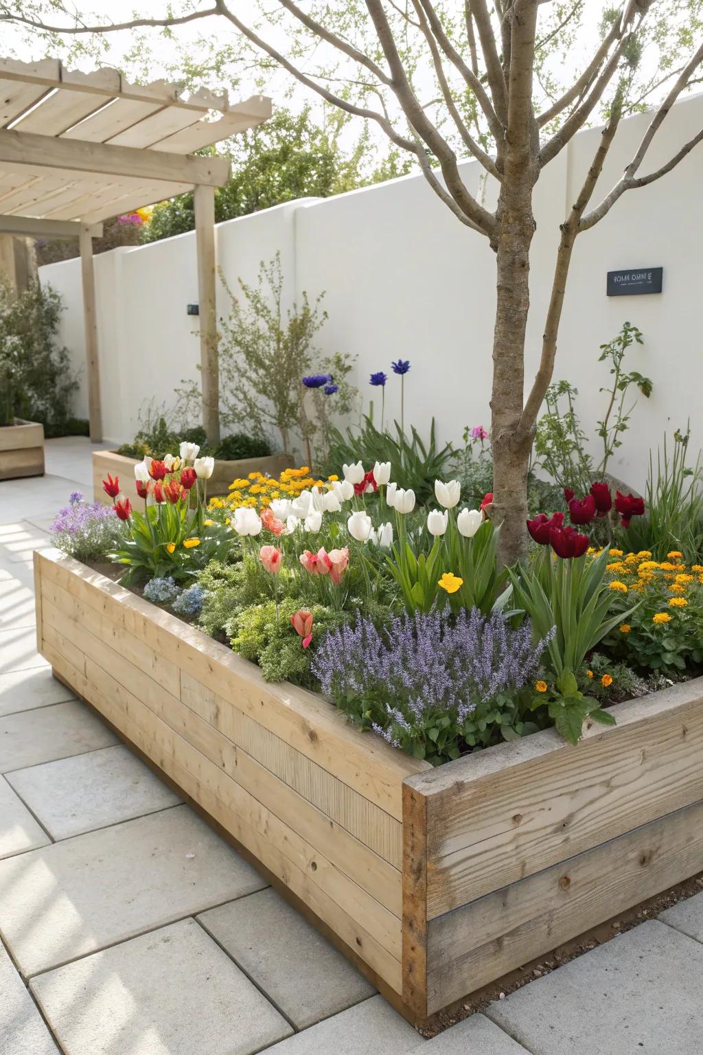 Transform your garden into a vibrant oasis with a raised flower bed bursting with vibrant blooms.