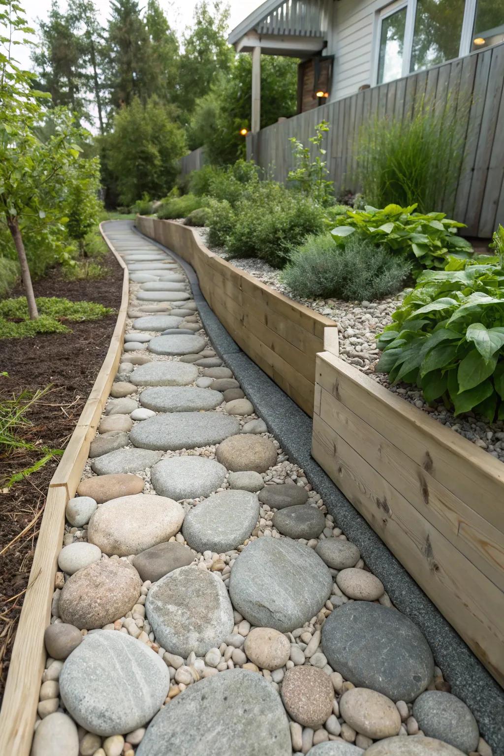 Elevate your garden's aesthetic with a chic rock pathway that enhances both drainage and design.