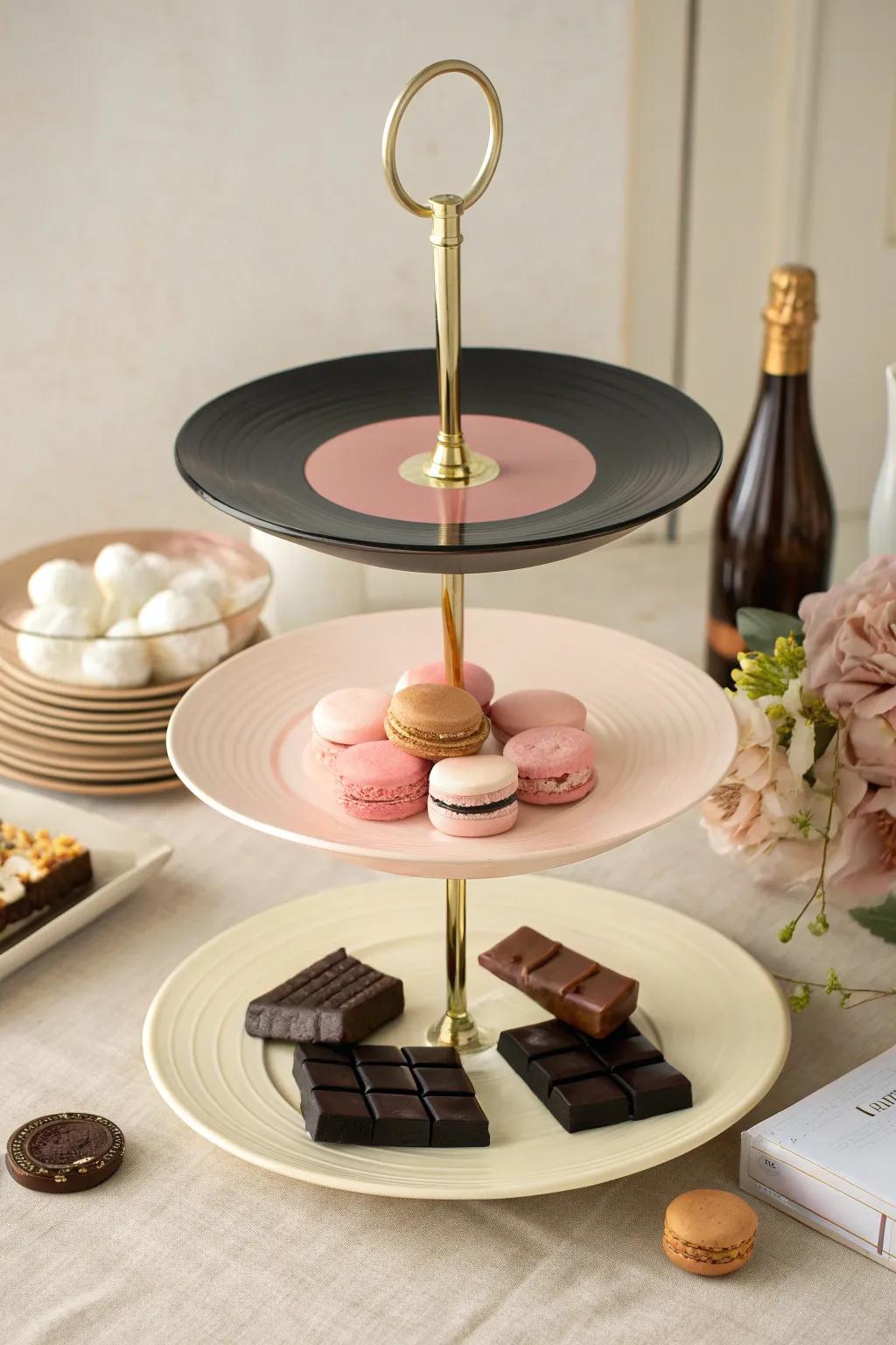 Elevate get togethers using an expertly designed stand formed from vintage records, a perfect method for showcasing snack foods with flare!