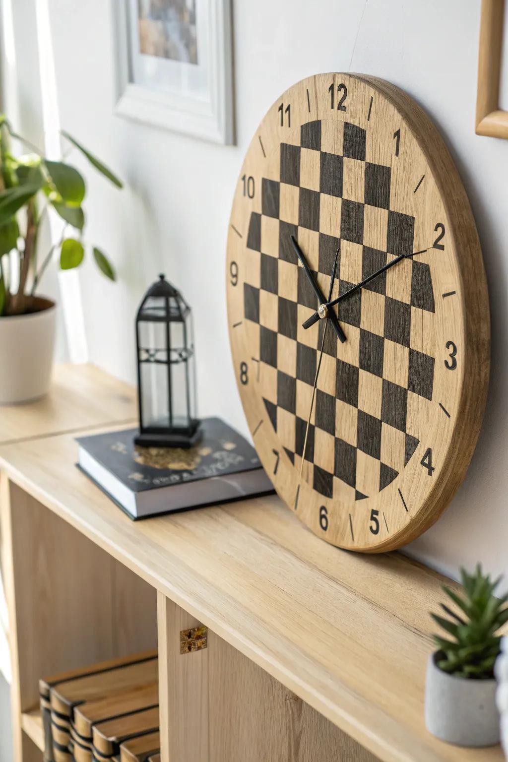 Time to recycle! Convert a chessboard into an enchanting timepiece that harmonizes minimalist panache with spirited nostalgia.