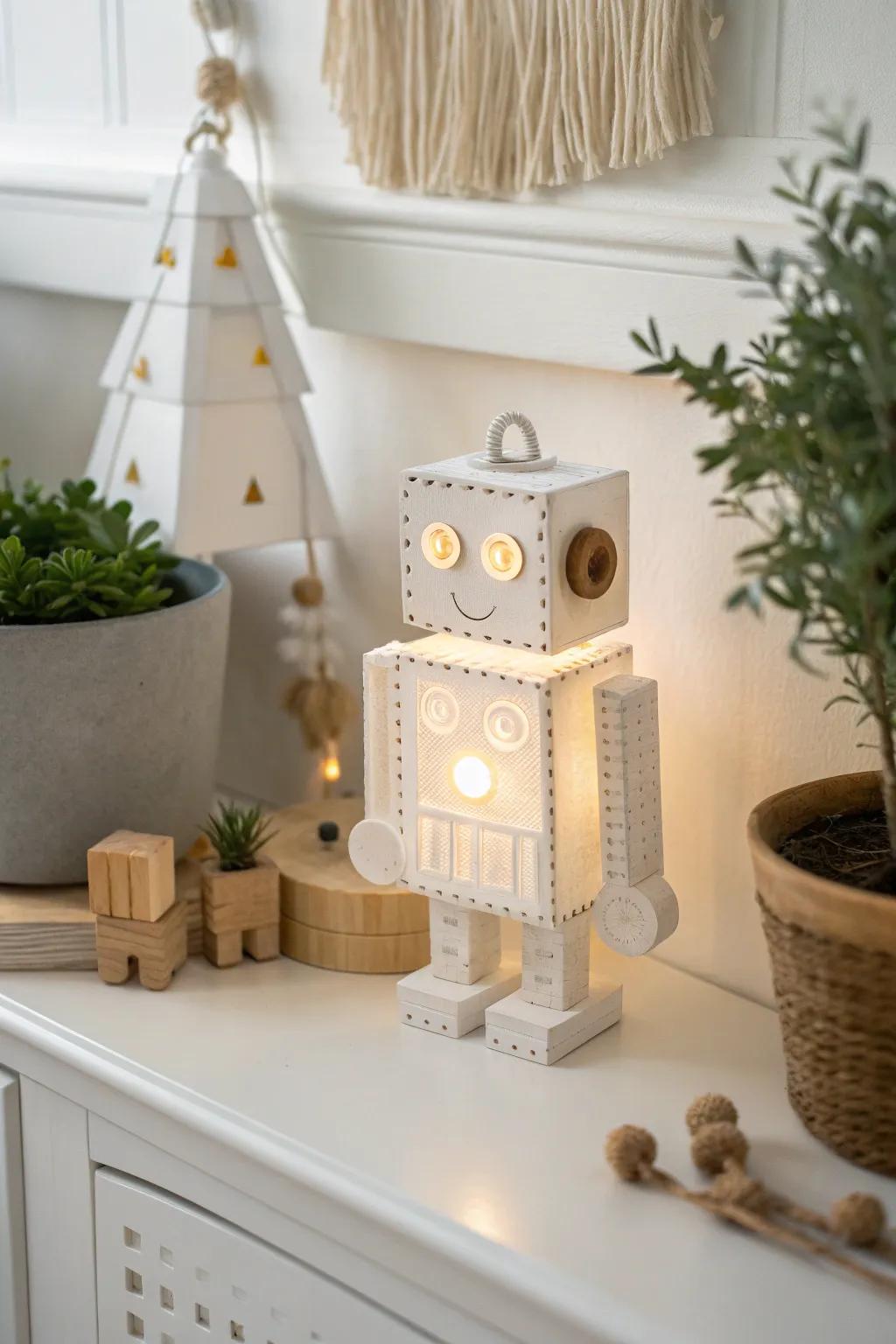 Illuminate your child's dreams with a handcrafted glowing automaton nightlight, blending minimalist charm with a boho touch.