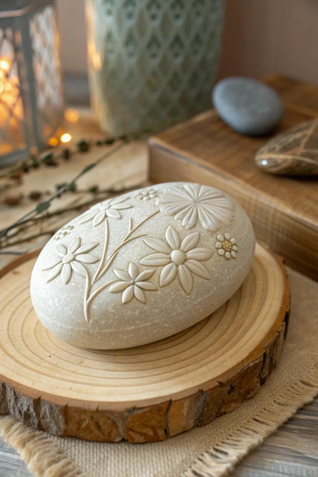 Elevate your decor with the wonder of blended elements: where engraved rock meets untreated timber and metallic details.