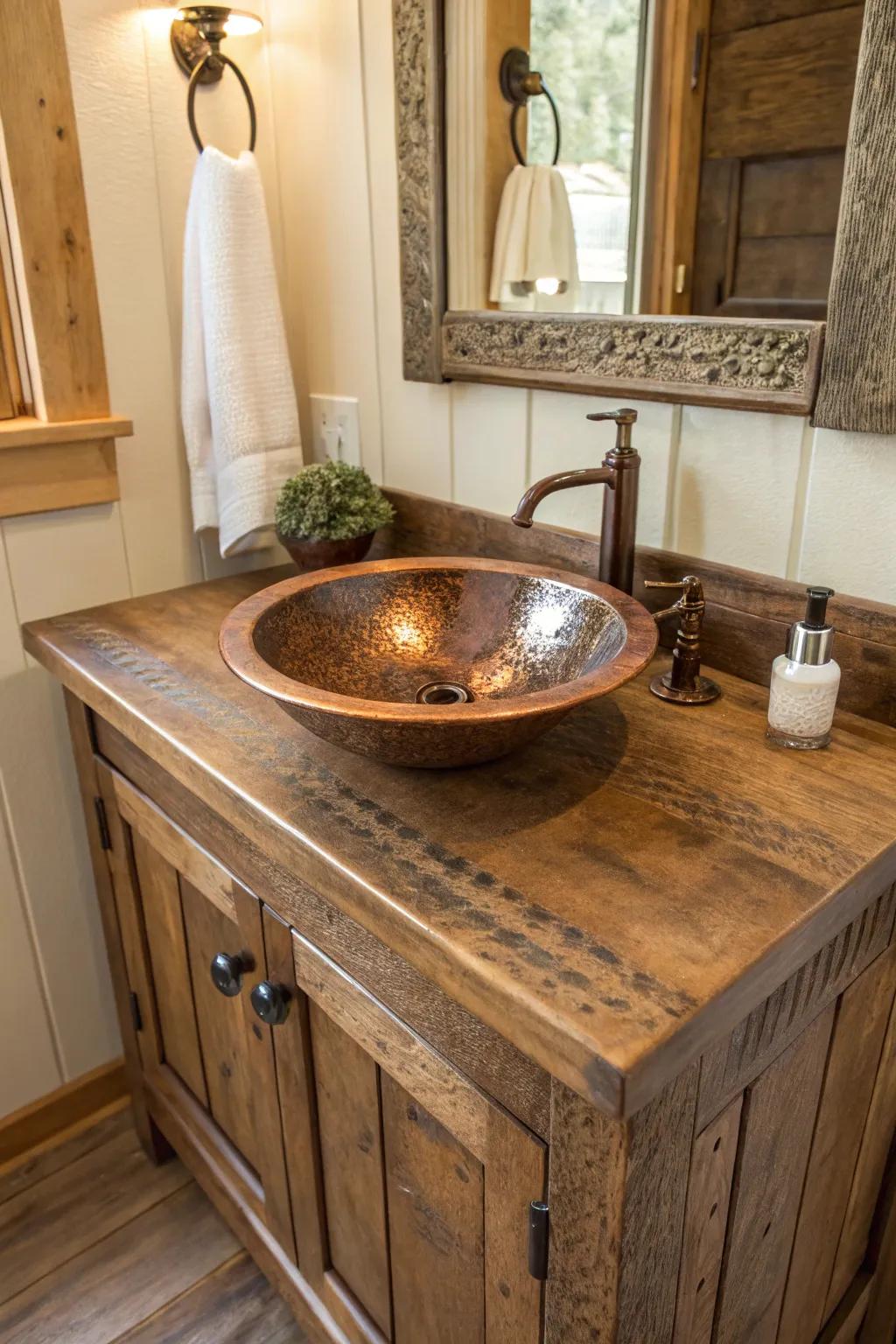 A country bathroom vanity featuring a hammered copper sink.