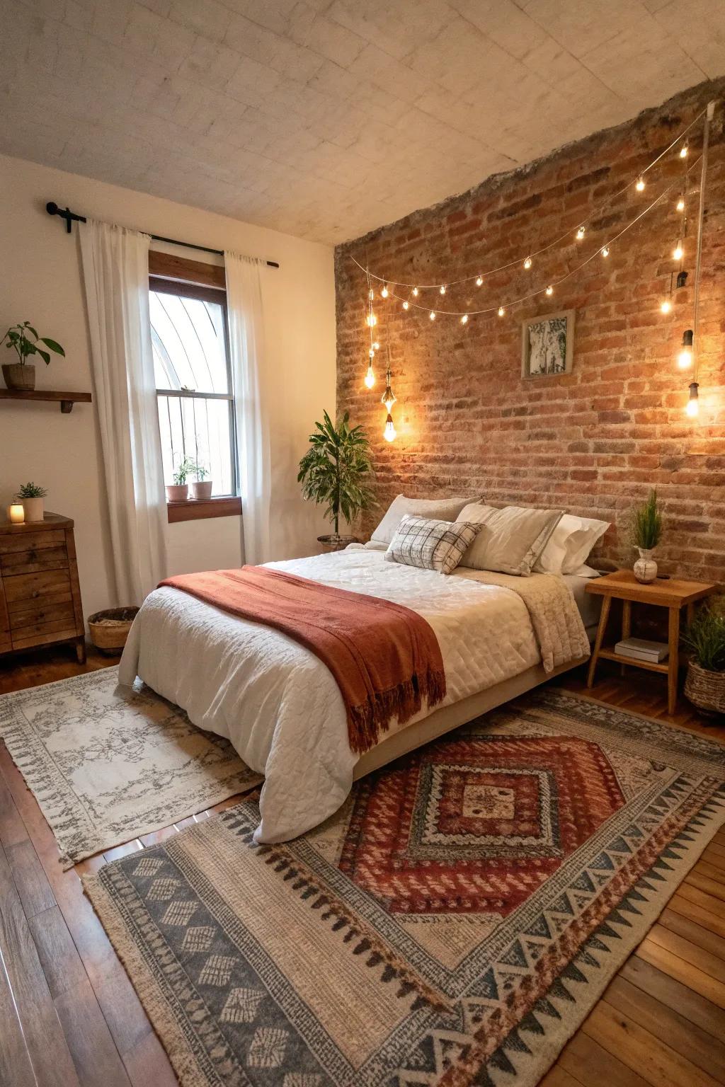 Tiered floor coverings providing coziness and tactile dimension in the rustic-themed bedroom.