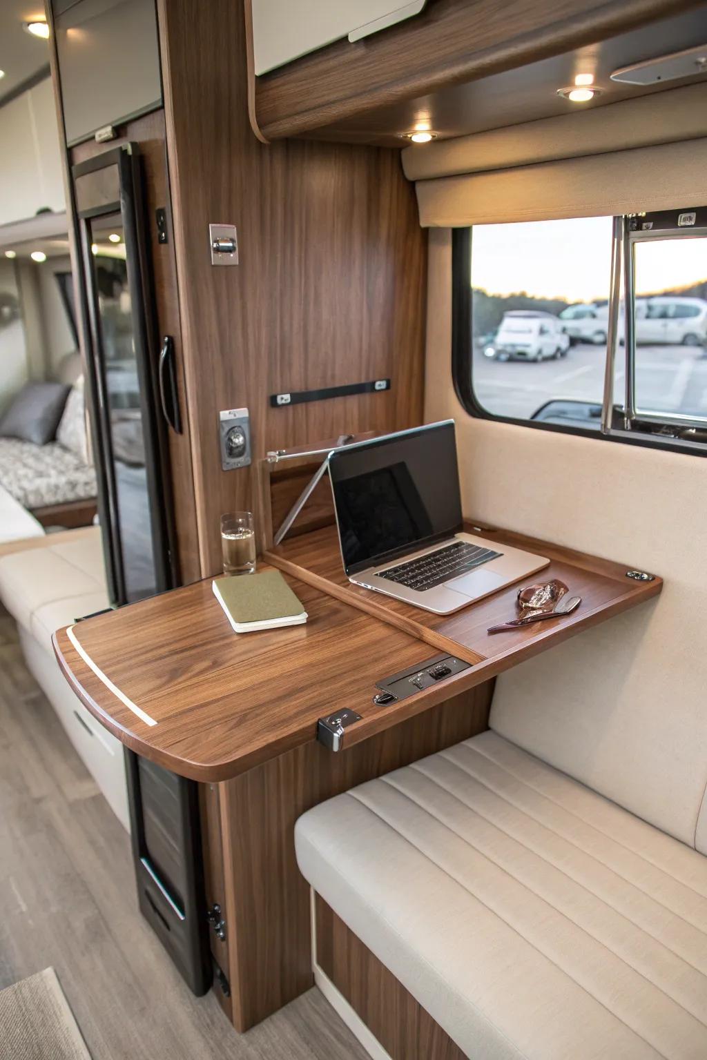 Maximize your RV space with this stylish drop-leaf desk—your portable office on the go!