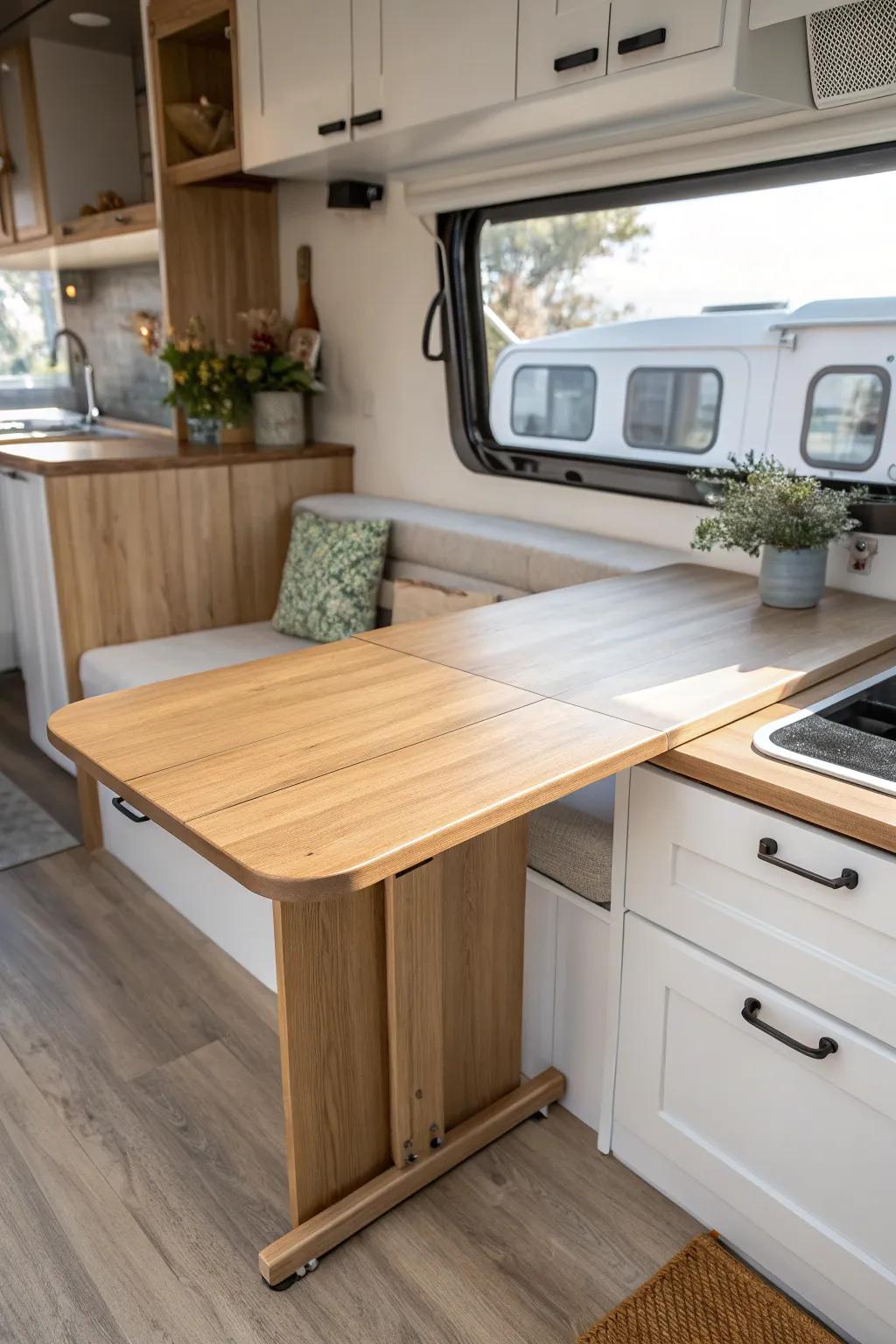 Maximize your RV kitchen space with this fashionable fold-down surface – where style and practicality meet!